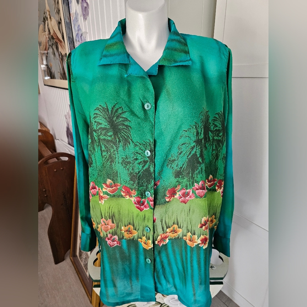 NWT Dalin Plus Size 3X Tropical Palm Tree Floral Blouse Button Front Teal Resort